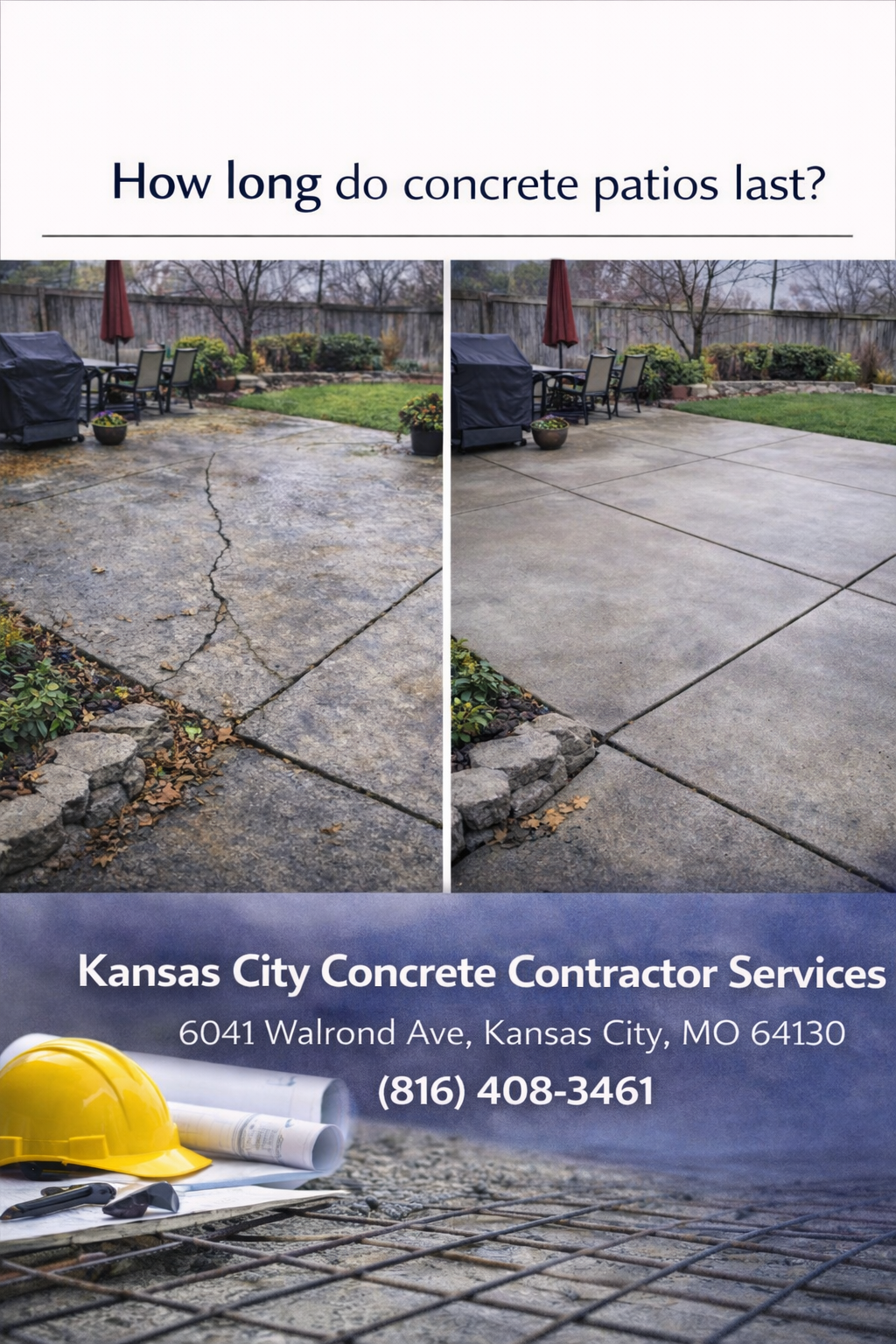 Concrete patio installation with clean finish and outdoor seating area